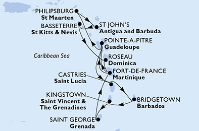Barbados, Svatý Vincenc a Grenadiny, Grenada, Martinik, Guadeloupe, Svatý Martin, Antigua a Barbuda, Svatý Kryštof a Nevis, Dominika, Svatá Lucie z Bridgetownu na lodi MSC Meraviglia