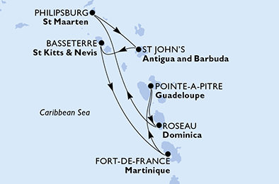 Guadeloupe, Dominika, Svatý Martin, Antigua a Barbuda, Svatý Kryštof a Nevis, Martinik z Pointe-à-Pitre na lodi MSC Meraviglia