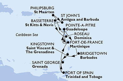 Martinik, Guadeloupe, Barbados, Svatý Vincenc a Grenadiny, Trinidad a Tobago, Grenada, Svatý Martin, Antigua a Barbuda, Svatý Kryštof a Nevis, Dominika z Fort-de-France na lodi MSC Meraviglia