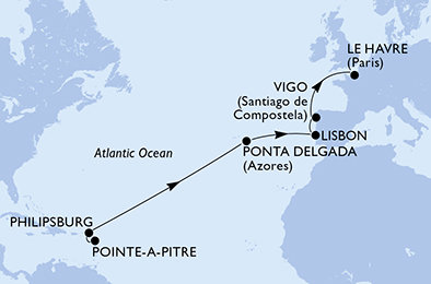 Guadeloupe, Svatý Martin, Portugalsko, Španělsko, Francie z Pointe-à-Pitre na lodi MSC Meraviglia