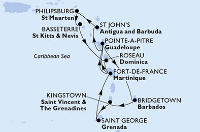 Barbados, Svatý Vincenc a Grenadiny, Grenada, Martinik, Guadeloupe, Antigua a Barbuda, Svatý Martin, Svatý Kryštof a Nevis, Dominika z Bridgetownu na lodi MSC Meraviglia