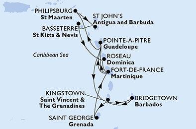 Barbados, Svatý Vincenc a Grenadiny, Grenada, Martinik, Guadeloupe, Svatý Martin, Antigua a Barbuda, Svatý Kryštof a Nevis, Dominika z Bridgetownu na lodi MSC Meraviglia