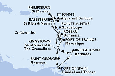 Martinik, Guadeloupe, Svatý Martin, Antigua a Barbuda, Svatý Kryštof a Nevis, Dominika, Svatý Vincenc a Grenadiny, Barbados, Trinidad a Tobago, Grenada z Fort-de-France na lodi MSC Meraviglia