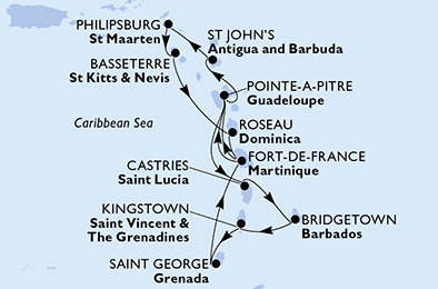 Barbados, Svatý Vincenc a Grenadiny, Grenada, Martinik, Guadeloupe, Antigua a Barbuda, Svatý Martin, Svatý Kryštof a Nevis, Dominika, Svatá Lucie z Bridgetownu na lodi MSC Meraviglia
