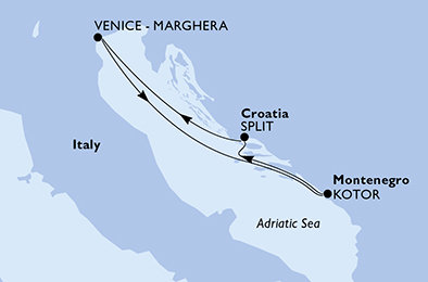 Itálie, Černá Hora, Chorvatsko z Marghery na lodi MSC Lirica