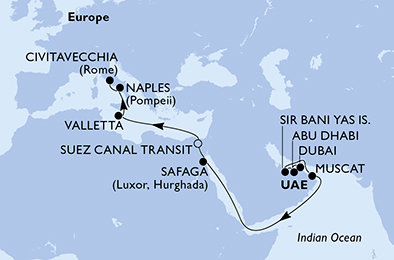 Spojené arabské emiráty, Omán, Egypt, Malta, Itálie z Dubaje na lodi MSC World Europa