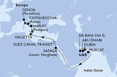 Spojené arabské emiráty, Omán, Egypt, Malta, Itálie z Dubaje na lodi MSC World Europa