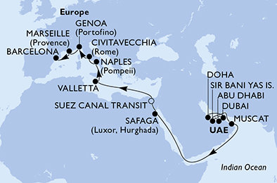 Katar, Spojené arabské emiráty, Omán, Egypt, Malta, Itálie, Francie, Španělsko z Dohy na lodi MSC World Europa