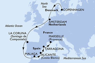 Dánsko, Nizozemsko, Španělsko, Francie z Kodaně na lodi MSC Euribia
