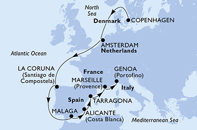 Dánsko, Nizozemsko, Španělsko, Francie, Itálie z Kodaně na lodi MSC Euribia