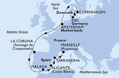 Německo, Dánsko, Nizozemsko, Španělsko, Francie z Kielu na lodi MSC Euribia
