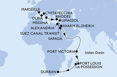 Francie, Itálie, Řecko, Kypr, Egypt, Seychely, Mauricius, Reunion, Jihoafrická republika z Marseille na lodi MSC Sinfonia