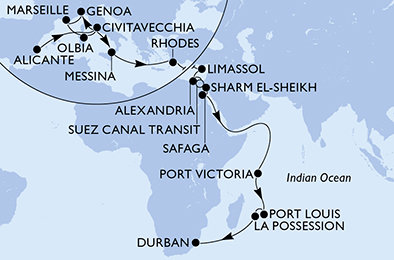 Španělsko, Itálie, Francie, Řecko, Kypr, Egypt, Seychely, Mauricius, Reunion, Jihoafrická republika z Alicante na lodi MSC Sinfonia