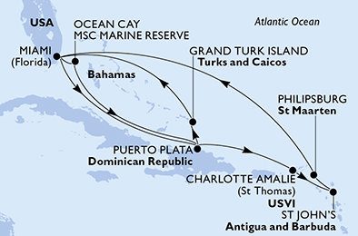 USA, Dominikánská republika, Antigua a Barbuda, Svatý Martin, Bahamy, Zámořské území Velké Británie z Miami na lodi MSC Seashore