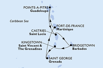 Martinik, Guadeloupe, Svatá Lucie, Barbados, Svatý Vincenc a Grenadiny, Grenada z Fort-de-France na lodi MSC World Europa