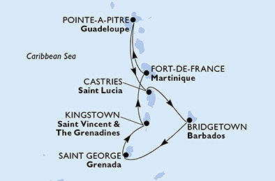 Guadeloupe, Svatá Lucie, Barbados, Grenada, Svatý Vincenc a Grenadiny, Martinik z Pointe-à-Pitre na lodi MSC World Europa