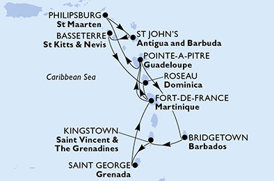 Barbados, Svatý Vincenc a Grenadiny, Grenada, Martinik, Guadeloupe, Svatý Martin, Antigua a Barbuda, Svatý Kryštof a Nevis, Dominika z Bridgetownu na lodi MSC World Europa