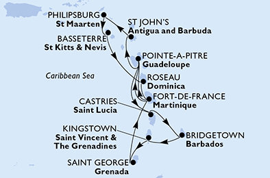 Barbados, Svatý Vincenc a Grenadiny, Grenada, Martinik, Guadeloupe, Antigua a Barbuda, Svatý Martin, Svatý Kryštof a Nevis, Dominika, Svatá Lucie z Bridgetownu na lodi MSC World Europa