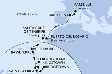 Francie, Španělsko, Svatý Martin, Svatý Kryštof a Nevis, Svatý Vincenc a Grenadiny, Barbados, Grenada, Martinik z Marseille na lodi MSC World Europa