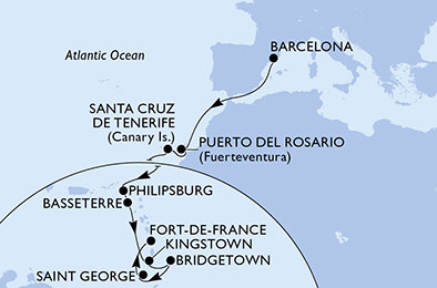 Španělsko, Svatý Martin, Svatý Kryštof a Nevis, Svatý Vincenc a Grenadiny, Barbados, Grenada, Martinik z Barcelony na lodi MSC World Europa