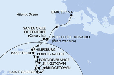 Španělsko, Svatý Martin, Svatý Kryštof a Nevis, Svatý Vincenc a Grenadiny, Barbados, Grenada, Martinik, Guadeloupe z Barcelony na lodi MSC World Europa