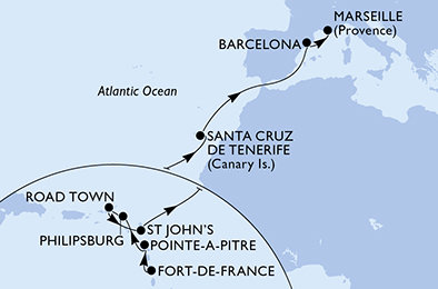 Martinik, Guadeloupe, Svatý Martin, Britské Panenské ostrovy, Antigua a Barbuda, Španělsko, Francie z Fort-de-France na lodi MSC World Europa