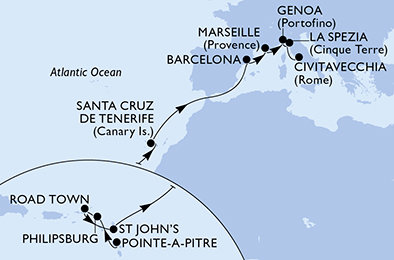Guadeloupe, Svatý Martin, Britské Panenské ostrovy, Antigua a Barbuda, Španělsko, Francie, Itálie z Pointe-à-Pitre na lodi MSC World Europa