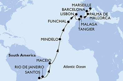 Brazílie, Kapverdy, Portugalsko, Maroko, Španělsko, Francie ze Santosu na lodi MSC Seaview