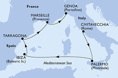 Itálie, Španělsko, Francie z Civitavecchia na lodi MSC Seaview