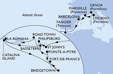 Itálie, Francie, Španělsko, Maroko, Antigua a Barbuda, Svatý Martin, Svatý Kryštof a Nevis, Dominikánská republika, Barbados, Martinik, Guadeloupe, Britské Panenské ostrovy z Janova na lodi MSC Opera