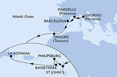 Itálie, Francie, Španělsko, Maroko, Antigua a Barbuda, Svatý Martin, Svatý Kryštof a Nevis, Dominikánská republika z Livorna na lodi MSC Opera