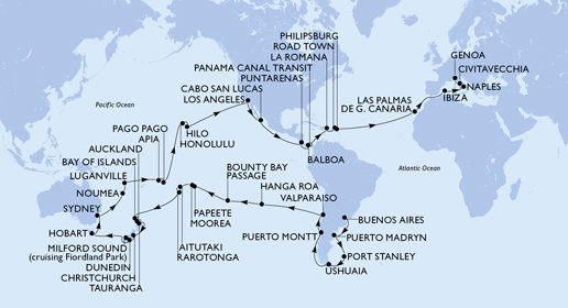 Argentina, Zámořské území Velké Británie, Chile, Francouzská Polynésie, Cookovy ostrovy, Nový Zéland, Austrálie, Nová Kaledonie, Vanuatu, Samoa, Americká Samoa, USA, Mexiko, Kostarika, , Panama, Dominikánská republika, Britské Panenské ostrovy, Svatý Martin, Španělsko, Itálie z Buenos Aires na lodi MSC Magnifica