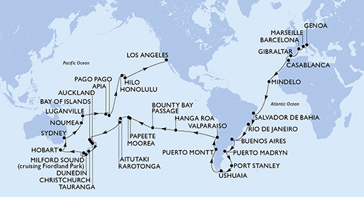 Itálie, Francie, Španělsko, Velká Británie, Maroko, Kapverdy, Brazílie, Argentina, Zámořské území Velké Británie, Chile, Francouzská Polynésie, Cookovy ostrovy, Nový Zéland, Austrálie, Nová Kaledonie, Vanuatu, Samoa, Americká Samoa, USA z Janova na lodi MSC Magnifica