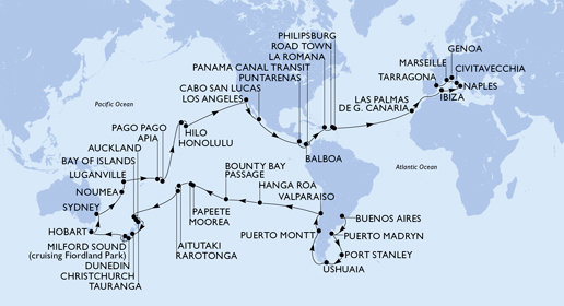 Argentina, Zámořské území Velké Británie, Chile, Francouzská Polynésie, Cookovy ostrovy, Nový Zéland, Austrálie, Nová Kaledonie, Vanuatu, Samoa, Americká Samoa, USA, Mexiko, Kostarika, , Panama, Dominikánská republika, Britské Panenské ostrovy, Svatý Martin, Španělsko, Itálie, Francie z Buenos Aires na lodi MSC Magnifica