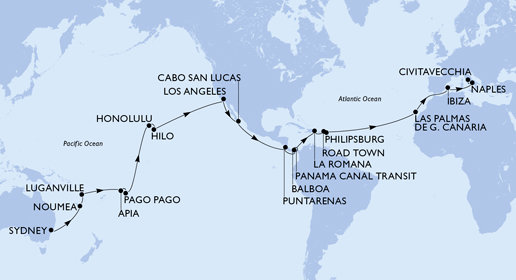 Austrálie, Nová Kaledonie, Vanuatu, Samoa, Americká Samoa, USA, Mexiko, Kostarika, , Panama, Dominikánská republika, Britské Panenské ostrovy, Svatý Martin, Španělsko, Itálie ze Sydney na lodi MSC Magnifica