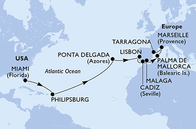 USA, Svatý Martin, Portugalsko, Španělsko, Francie z Miami na lodi MSC Meraviglia