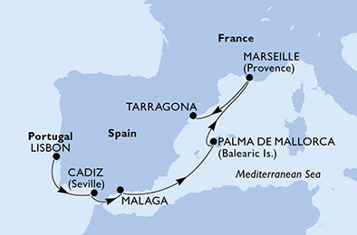 Portugalsko, Španělsko, Francie z Lisabonu na lodi MSC Meraviglia