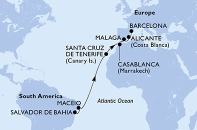 Brazílie, Španělsko, Maroko ze Salvadoru na lodi MSC Divina