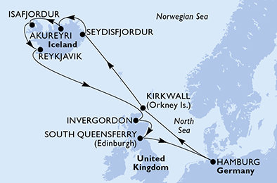 Německo, Velká Británie, Island z Hamburku na lodi MSC Preziosa