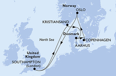 Velká Británie, Norsko, Dánsko ze Southamptonu na lodi MSC Meraviglia