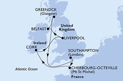 Velká Británie, Francie, Irsko ze Southamptonu na lodi MSC Meraviglia