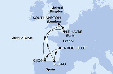 Velká Británie, Španělsko, Francie ze Southamptonu na lodi MSC Meraviglia