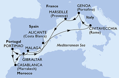 Francie, Španělsko, Portugalsko, Maroko, Velká Británie, Itálie z Marseille na lodi MSC Sinfonia
