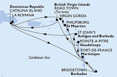 Dominikánská republika, Barbados, Martinik, Guadeloupe, Britské Panenské ostrovy, Zámořské území Velké Británie, Svatý Martin, Antigua a Barbuda z La Romany na lodi MSC Opera
