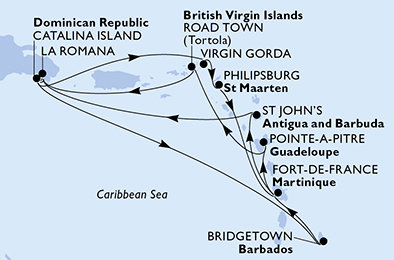 Barbados, Martinik, Guadeloupe, Britské Panenské ostrovy, Dominikánská republika, Zámořské území Velké Británie, Svatý Martin, Antigua a Barbuda z Bridgetownu na lodi MSC Opera