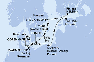 Německo, Polsko, Estonsko, Finsko, Švédsko, Dánsko z Warnemünde na lodi MSC Splendida
