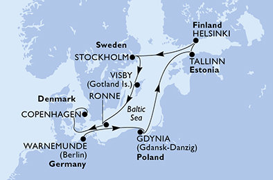 Německo, Polsko, Estonsko, Finsko, Švédsko, Dánsko z Warnemünde na lodi MSC Splendida