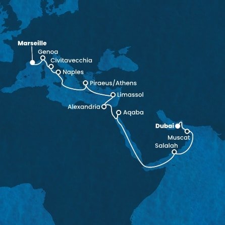 Spojené arabské emiráty, Omán, Jordánsko, Egypt, Kypr, Řecko, Itálie, Francie z Dubaje na lodi Costa Toscana
