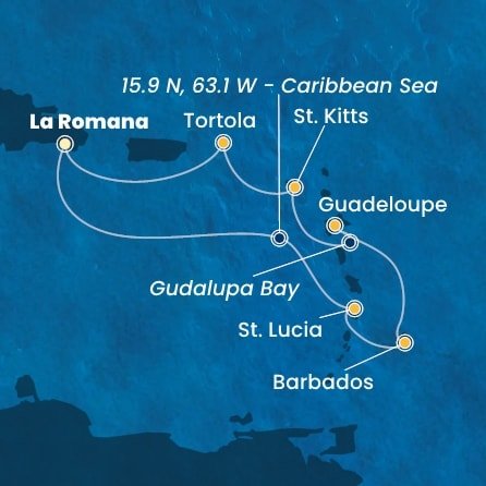 Dominikánská republika, Svatá Lucie, Barbados, Guadeloupe, Svatý Kryštof a Nevis, Britské Panenské ostrovy z La Romany na lodi Costa Pacifica