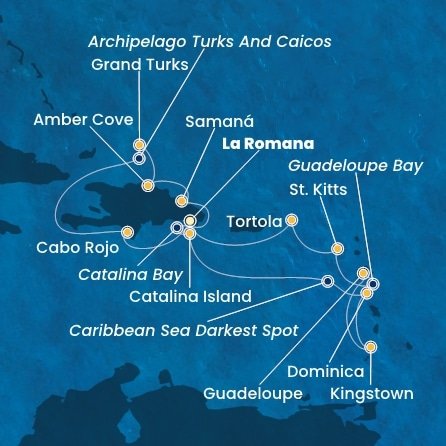 Dominikánská republika, Zámořské území Velké Británie, Dominika, Svatý Vincenc a Grenadiny, Guadeloupe, Svatý Kryštof a Nevis, Britské Panenské ostrovy z La Romany na lodi Costa Pacifica